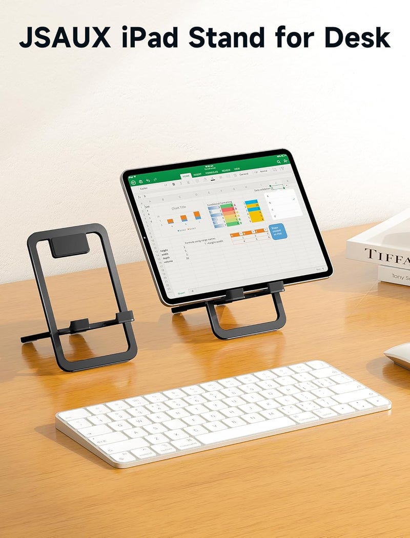 jsaux حامل لوحي عالمي، حامل لوحي محمول وقابل للطي للمكتب متوافق مع آيباد ميني/إير، سامسونج جالاكسي تاب، كيندل فاير، ROG Ally، آيفون وأجهزة لوحية أخرى - أسود - Image 2